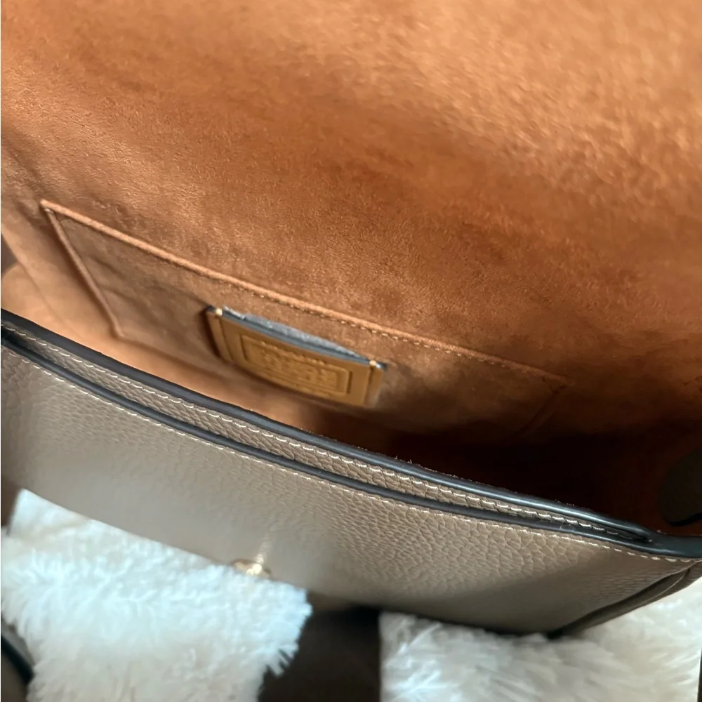 Coach Taupe Pebbled Leather Flap Crossbody with Gold Hardware
